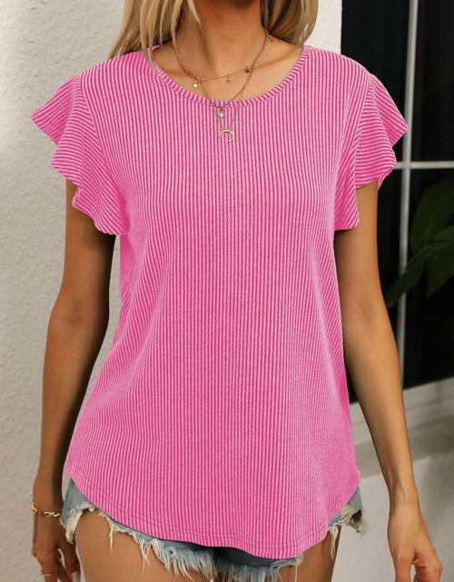 Load image into Gallery viewer, levaca Womens Ribbed Ruffle Short Sleeve Top Blue Size L
