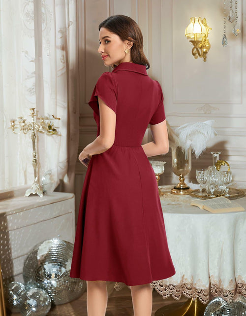 Load image into Gallery viewer, Bbonlinedress Retro Short Sleeve Collared Swing Dress Burgundy Size M
