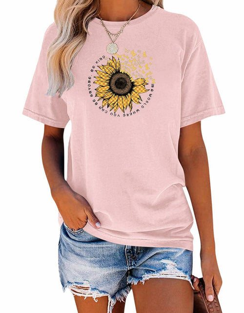 Load image into Gallery viewer, EADINVE Women's Short Sleeve Sunflower Graphic Cotton Tee Size M Pink
