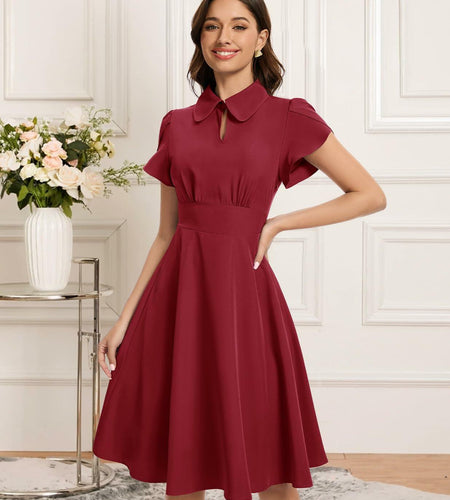 Bbonlinedress Retro Short Sleeve Collared Swing Dress Burgundy Size M