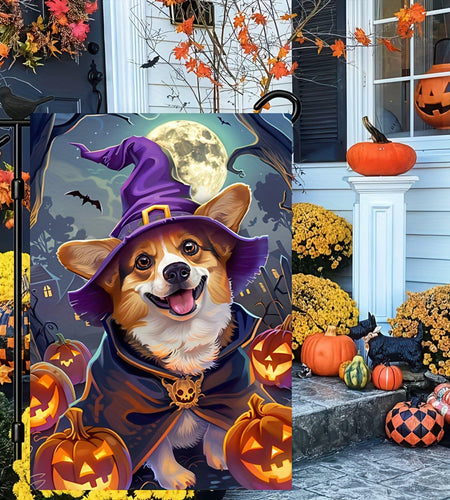 Happy Halloween Garden Flag Witch Hat Corgi Polyester 12x18 Inch Double Sided