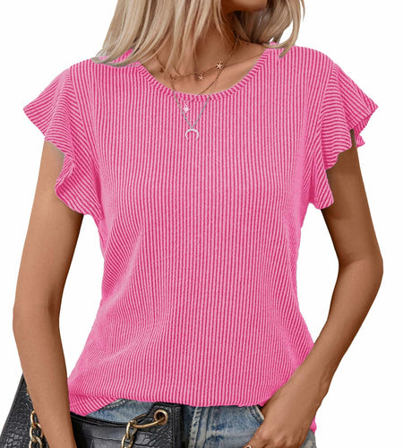 levaca Womens Ribbed Ruffle Short Sleeve Top Blue Size L