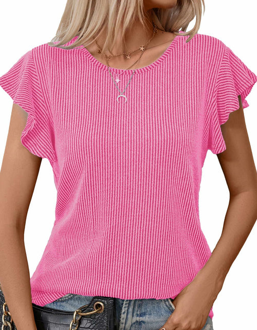 Load image into Gallery viewer, levaca Womens Ribbed Ruffle Short Sleeve Top Blue Size L
