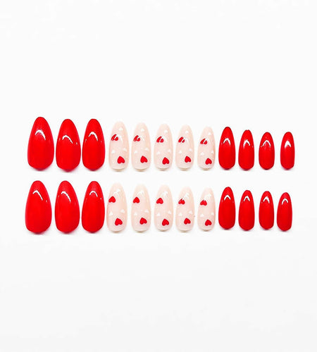 Valentine's Day Short Almond Fake Nails Red Heart White Dots 24Pcs