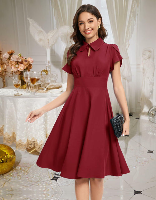 Load image into Gallery viewer, Bbonlinedress Retro Short Sleeve Collared Swing Dress Burgundy Size M
