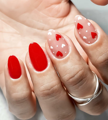 Valentine's Day Short Almond Fake Nails Red Heart White Dots 24Pcs