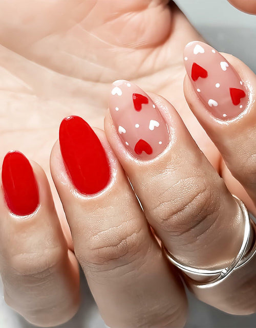 Load image into Gallery viewer, Valentine's Day Short Almond Fake Nails Red Heart White Dots 24Pcs
