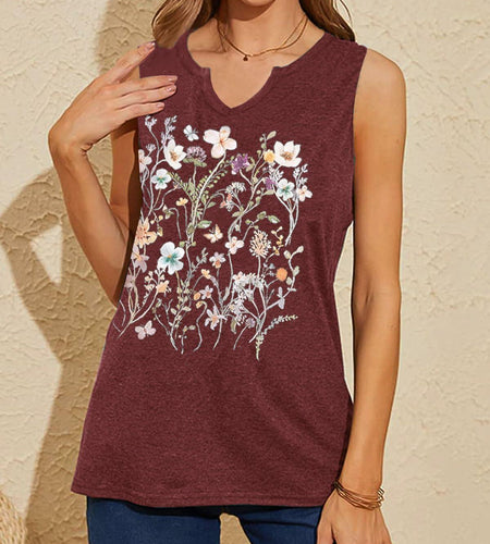 YIUIERE Womens Floral V Neck Tank Top Maroon Size S