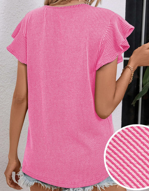 Load image into Gallery viewer, levaca Womens Ribbed Ruffle Short Sleeve Top Blue Size L
