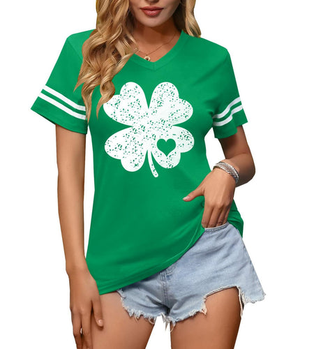 Women St Patricks Lucky Green V Neck T Shirt Gold Shamrock Size M