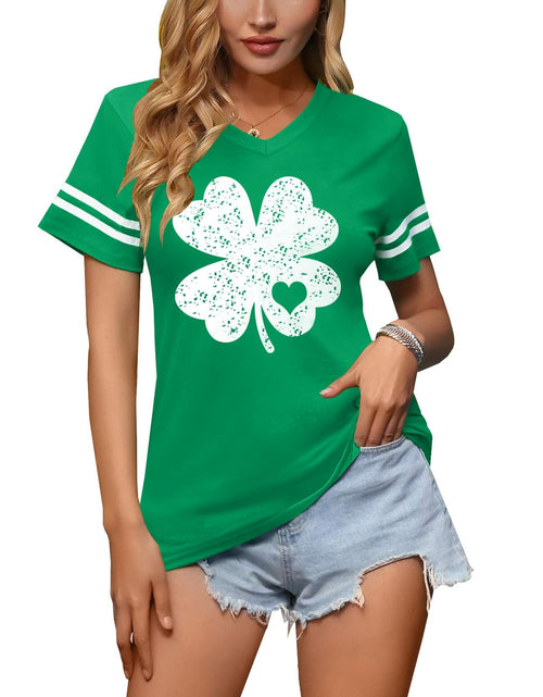 Load image into Gallery viewer, Women St Patricks Lucky Green V Neck T Shirt Gold Shamrock Size M
