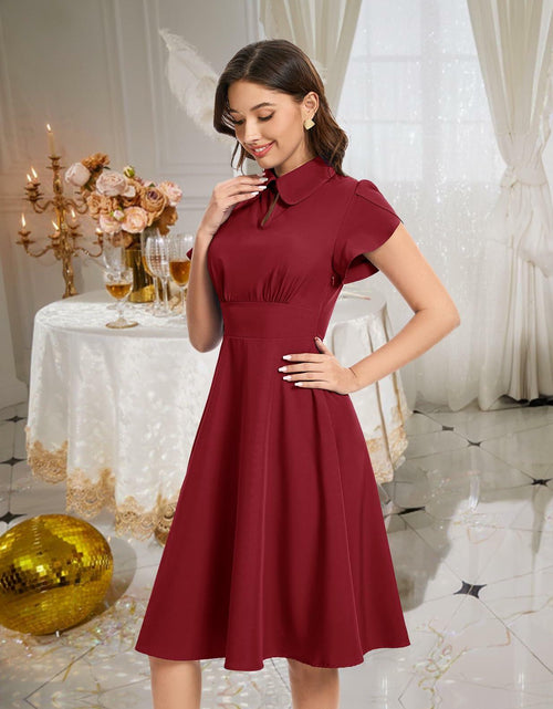 Load image into Gallery viewer, Bbonlinedress Retro Short Sleeve Collared Swing Dress Burgundy Size M
