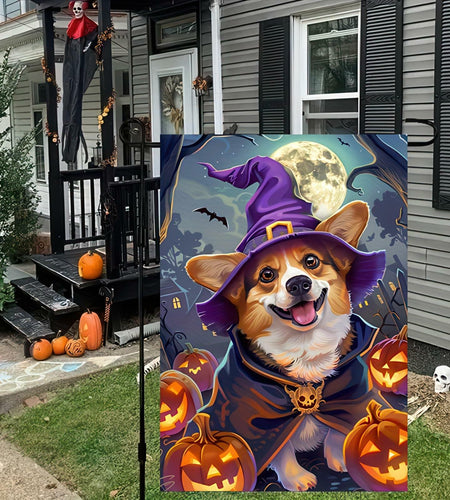 Happy Halloween Garden Flag Witch Hat Corgi Polyester 12x18 Inch Double Sided