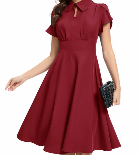 Bbonlinedress Retro Short Sleeve Collared Swing Dress Burgundy Size M