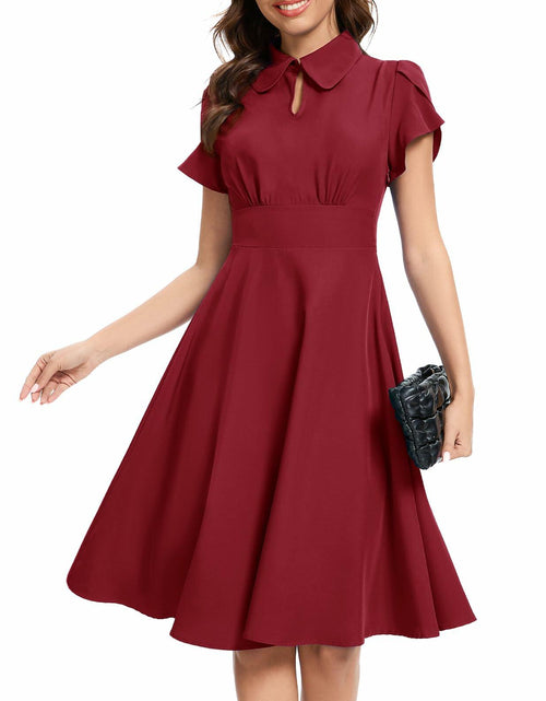 Load image into Gallery viewer, Bbonlinedress Retro Short Sleeve Collared Swing Dress Burgundy Size M
