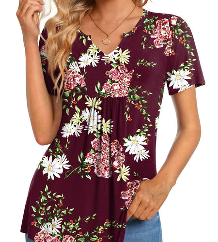 CATHY Womens Henley Tunic Top V Neck Button Wine Red Size XL