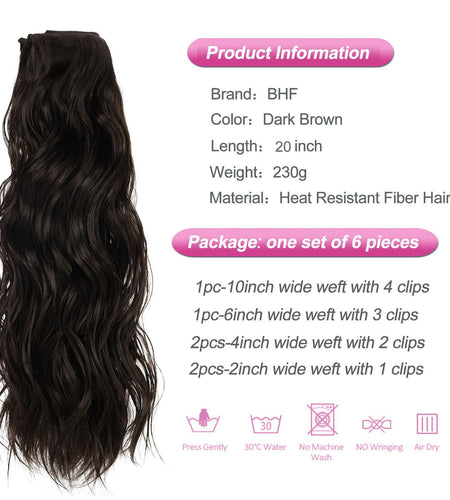 BHF 20in Wavy Clip In Synthetic Hair Extensions Full Head 6pcs Dark Brown