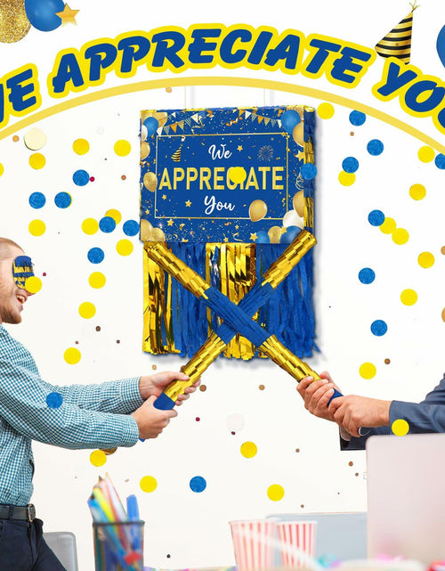 Load image into Gallery viewer, Poen We Appreciate You Piñata with Stick Blindfold Blue Gold Confetti 16x12
