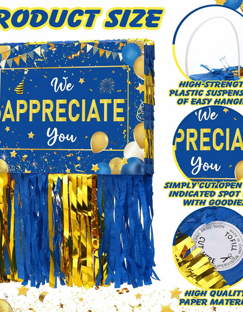 Load image into Gallery viewer, Poen We Appreciate You Piñata with Stick Blindfold Blue Gold Confetti 16x12
