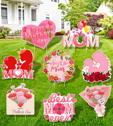 Arosche Mothers Day Yard Signs 8pcs with Stakes Outdoor Party Decorations