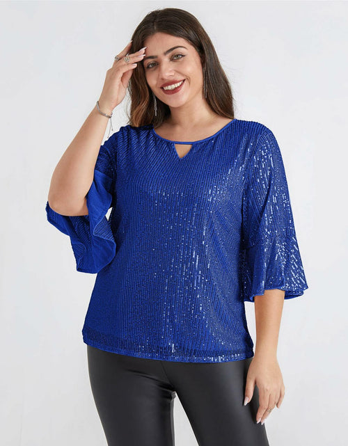 Load image into Gallery viewer, Hanna Nikole Sequin Ruffle Long Sleeve Wrap Blouse Blue Size 18Plus
