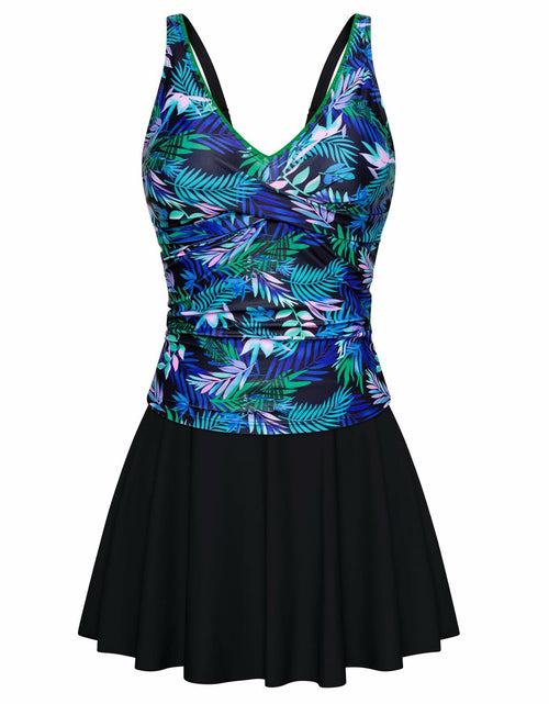 Load image into Gallery viewer, Kate Kasin Women's Tummy Control Tankini Swim Dress Blue Leaf Size S
