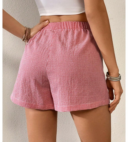 Verdusa Women's Plaid Print Elastic Waist Casual Shorts Red White Size S