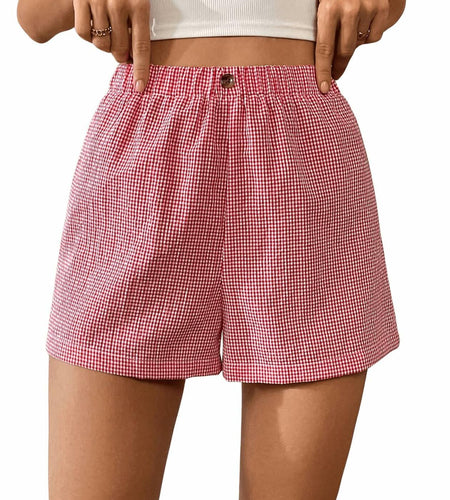 Verdusa Women's Plaid Print Elastic Waist Casual Shorts Red White Size S