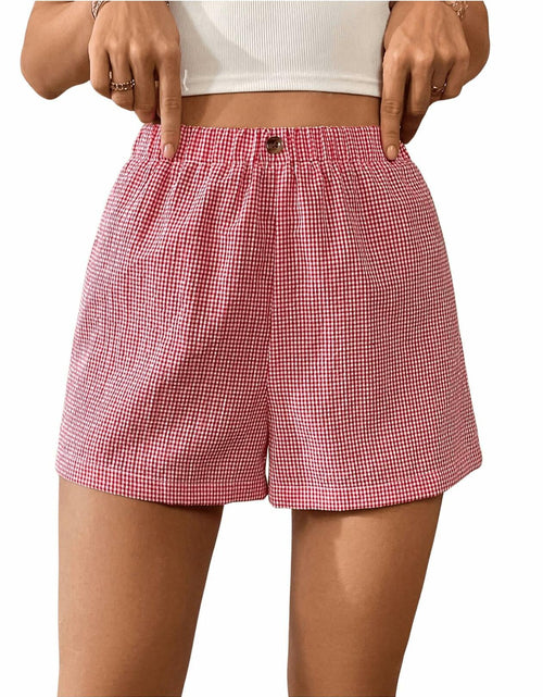 Load image into Gallery viewer, Verdusa Women's Plaid Print Elastic Waist Casual Shorts Red White Size S
