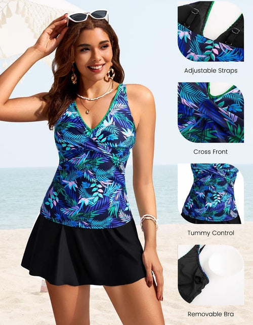 Load image into Gallery viewer, Kate Kasin Women's Tummy Control Tankini Swim Dress Blue Leaf Size S
