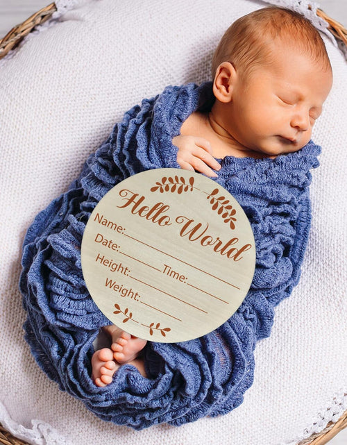 Load image into Gallery viewer, Hello World Olive Branch Newborn Sign 6" Round Birch Wood Baby Plaque
