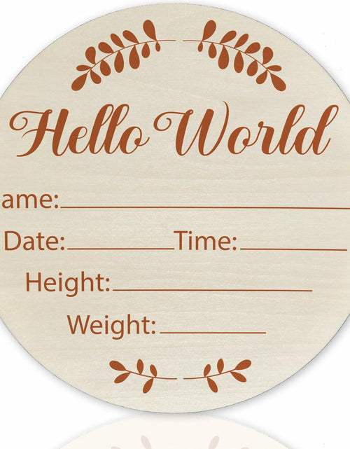 Load image into Gallery viewer, Hello World Olive Branch Newborn Sign 6" Round Birch Wood Baby Plaque
