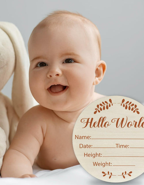 Load image into Gallery viewer, Hello World Olive Branch Newborn Sign 6" Round Birch Wood Baby Plaque
