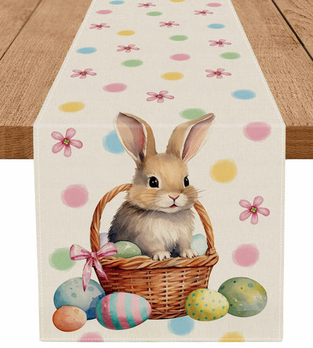 QIONG MENG Easter Table Runner Bunny Eggs Basket Flowers 13x72 Inch
