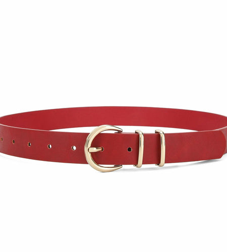 Earnda Women's Faux Leather Waist Belt Red Gold Buckle Large Size L