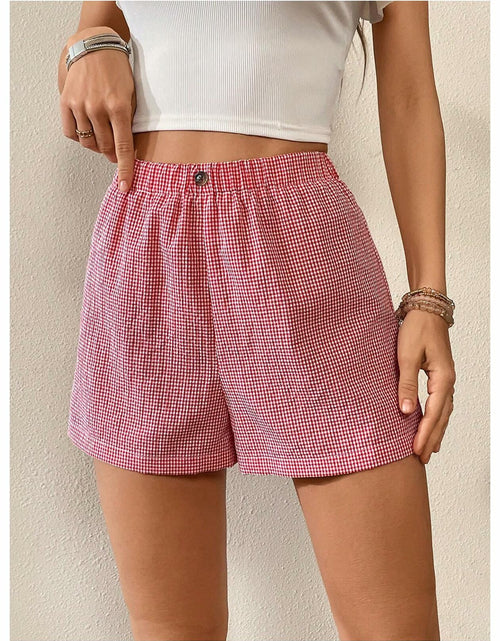 Load image into Gallery viewer, Verdusa Women's Plaid Print Elastic Waist Casual Shorts Red White Size S
