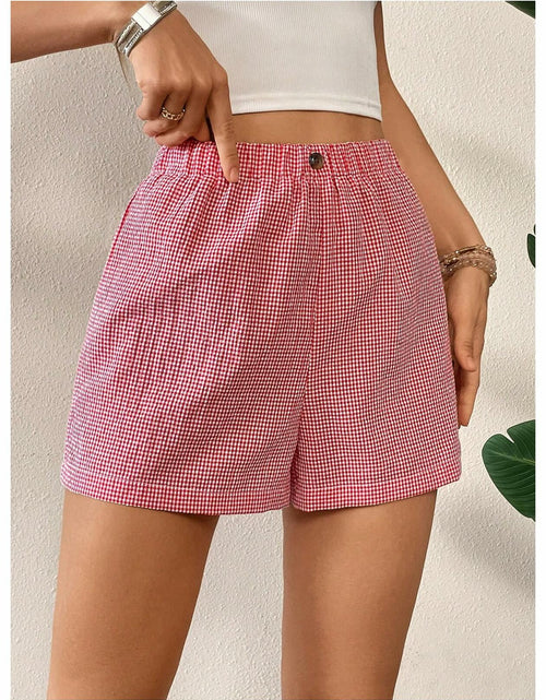Load image into Gallery viewer, Verdusa Women's Plaid Print Elastic Waist Casual Shorts Red White Size S
