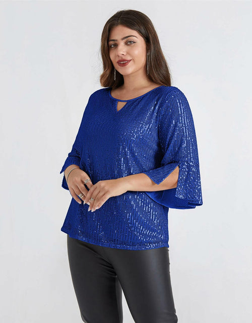 Load image into Gallery viewer, Hanna Nikole Sequin Ruffle Long Sleeve Wrap Blouse Blue Size 18Plus

