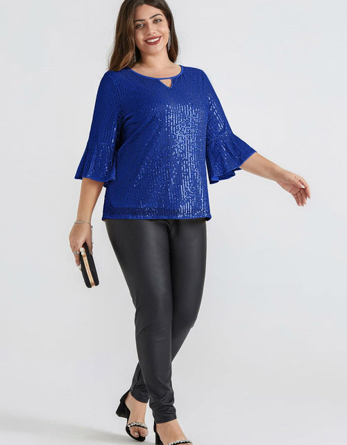 Load image into Gallery viewer, Hanna Nikole Sequin Ruffle Long Sleeve Wrap Blouse Blue Size 18Plus
