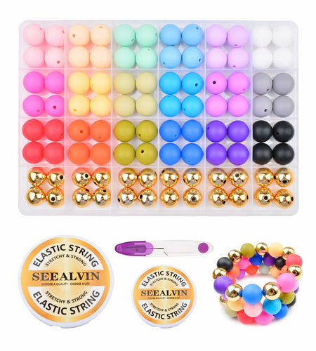 96PCS 15mm Silicone Beads Kit 19 Colors Round DIY Crafts Bracelet Necklace