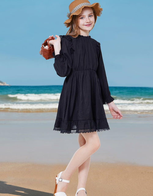 Load image into Gallery viewer, WULFUL Girls Long Sleeve A-line Belted Dress Navy Size 11-12
