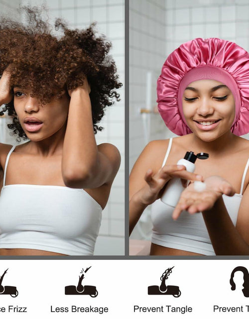 Load image into Gallery viewer, Satin Bonnet 2 Pack Silk Hair Bonnets Black Peacock Blue Pink
