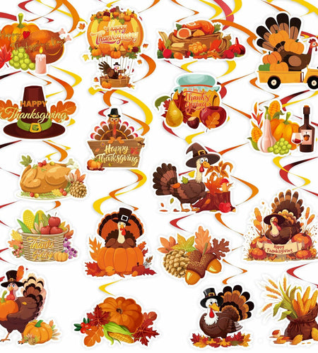 36 PCS Thanksgiving Hanging Swirls Ceiling Streamers Turkey Pumpkin Leaves