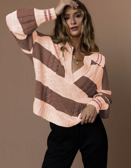Load image into Gallery viewer, Women's Pullover Sweater Lapel Collar V Neck Cable Knit Wood Brown Size XL
