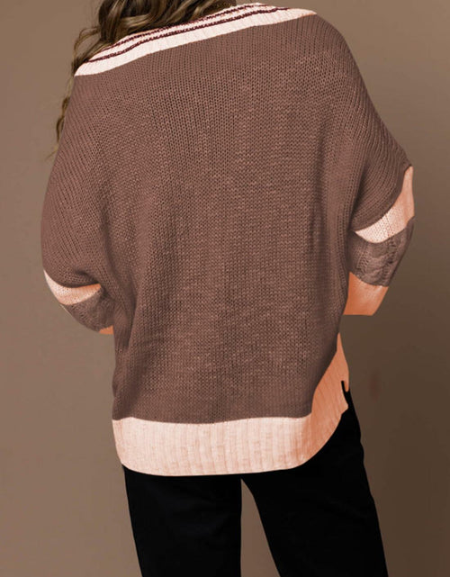 Load image into Gallery viewer, Women's Pullover Sweater Lapel Collar V Neck Cable Knit Wood Brown Size XL

