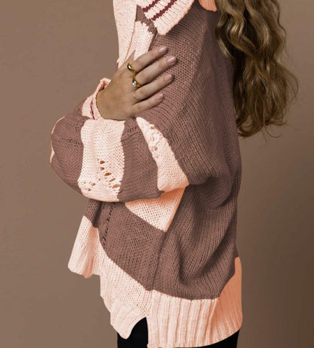 Women's Pullover Sweater Lapel Collar V Neck Cable Knit Wood Brown Size XL