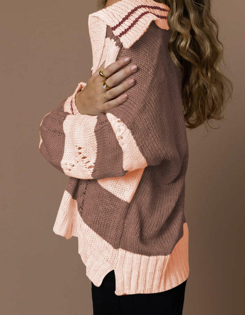 Load image into Gallery viewer, Women's Pullover Sweater Lapel Collar V Neck Cable Knit Wood Brown Size XL
