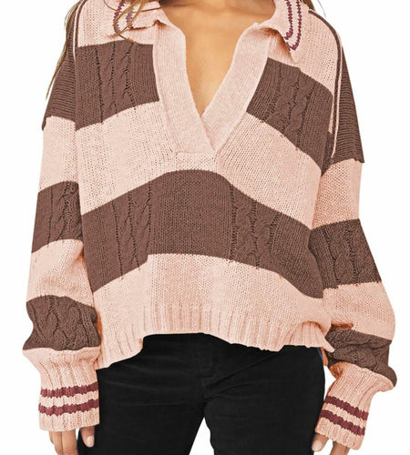 Women's Pullover Sweater Lapel Collar V Neck Cable Knit Wood Brown Size XL