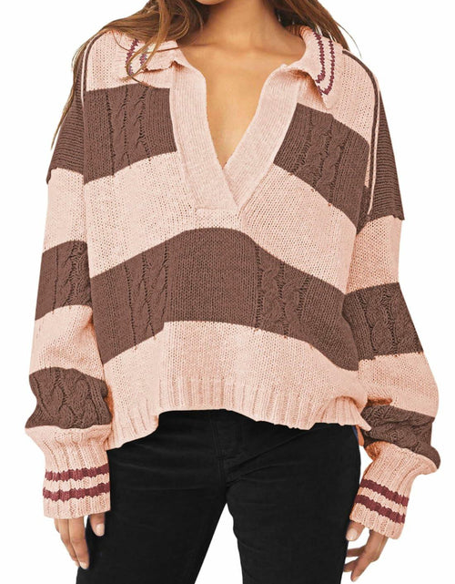Load image into Gallery viewer, Women's Pullover Sweater Lapel Collar V Neck Cable Knit Wood Brown Size XL
