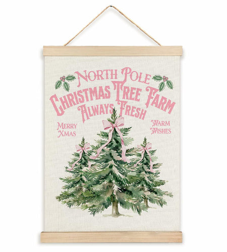 North Pole Village Christmas Wall Decor Pink Bows 12x16 Inch Farmhouse Art